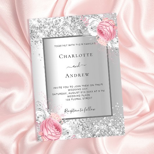 Silberrosa, weiße Blumen Luxus Hochzeit Einladung
