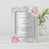 Silberrosa, weiße Blumen Luxus Hochzeit Einladung (Stehend Vorderseite)