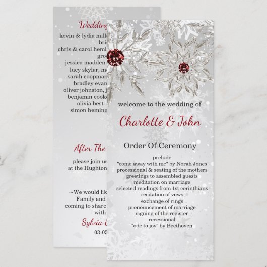 Silberrote Schneeflocken Winterhochzeit Programm (Vorne/Hinten)