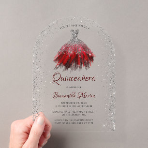 Silberroter Glitterkleid Quinceañera-Party im Dreh Acryleinladungen