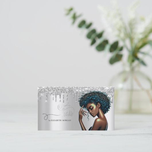 Silberschere Afro American Women Glitzer Tropfen Visitenkarte (Stehend Vorderseite)