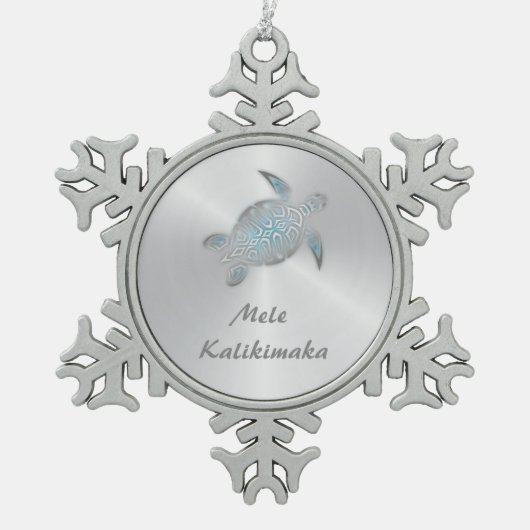 Silberschildkröte | Mele Kalikimaka | Schneeflocken Zinn-Ornament (Vorderseite)