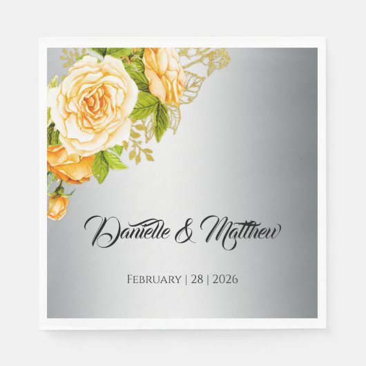 Silberschimmernde und gelbe Rosenhochzeit Serviette (Vorderseite)