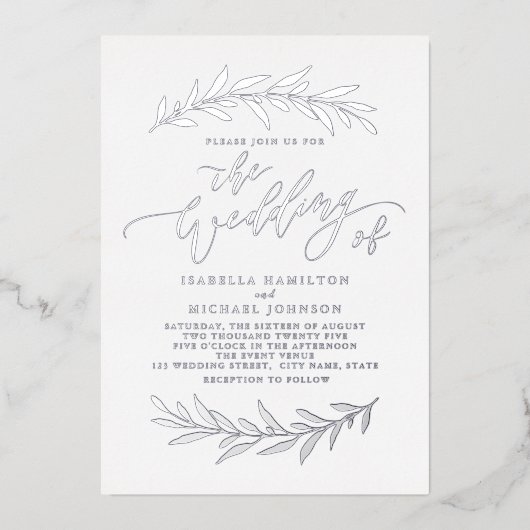 Silberschlichte Kalligraphie, rustikale Blatttraub Folieneinladung (Vorderseite)