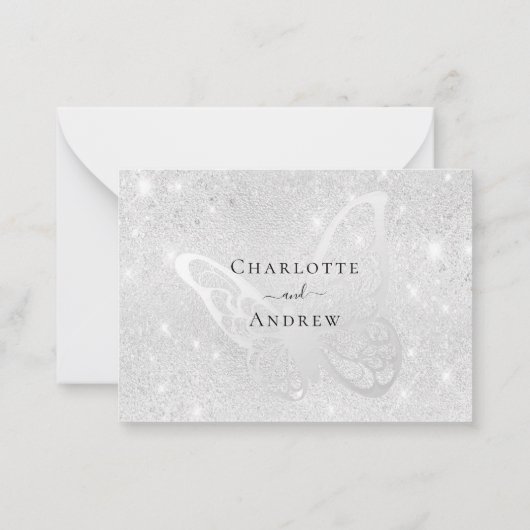 Silberschmetterling Glitzern Hochzeit RSVP Mitteilungskarte (Rückseite)