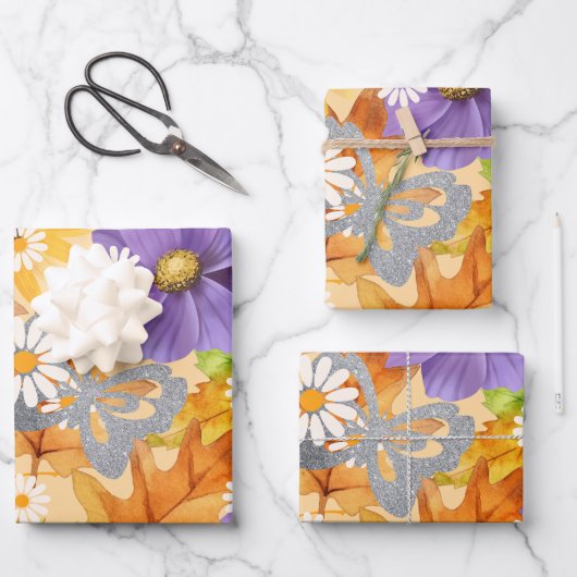 Silberschmetterling, Herbst-Blume Geschenkpapier Set (Vorderseite)