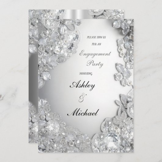 Silberschmuck Engagement Party Chic Glitzer Einladung (Vorne/Hinten)