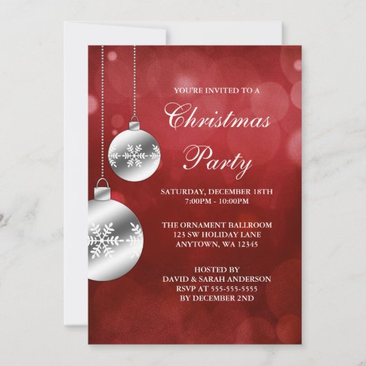 Silberschmuck Roter Bokeh Weihnachtsfest Party Einladung (Vorderseite)