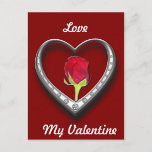Silberschmuck Valentinherz mit Rote Rose Feiertagspostkarte