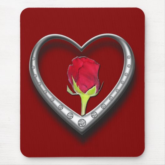 Silberschmuck Valentinherz mit Rote Rose Mousepad (Vorne)