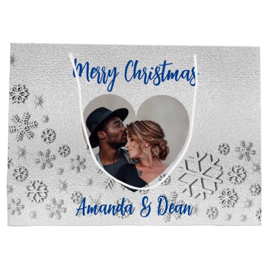 Silberschneeblaues Weihnachtsherz - Foto Große Geschenktüte (Rückseite)