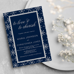 Silberschneeflocke Hochzeit mit Navy-Silber-Glitze Einladung