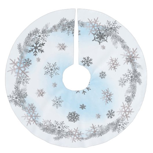 Silberschneeflocke und blaue Wasserfarbe Polyester Weihnachtsbaumdecke (Vorderseite)