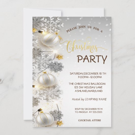 Silberschneeflocken, Bälle, Schnee Weihnachts-Part Einladung (Vorderseite)
