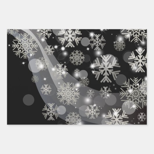 Silberschneeflocken Glitzern und Lichter auf schwa Geschenkpapier Set (Vorderseite 2)