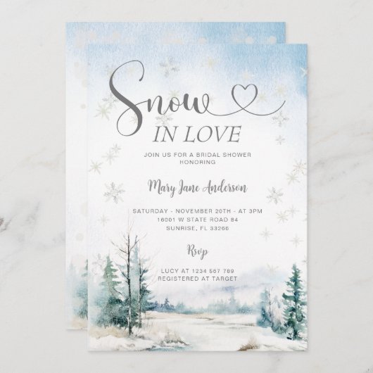 Silberschneeflocken Schnee in Liebe Brautparty Einladung (Vorne/Hinten)