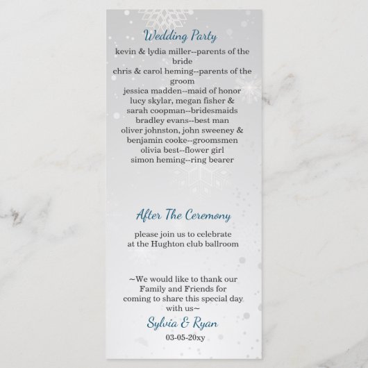 Silberschneeflocken Winterhochzeit Programm (Rückseite)