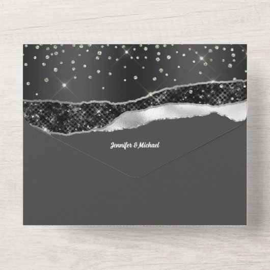 Silberschwarz Diamant Glitzer Marmor elegante Brid All In One Einladung (Rückseite)