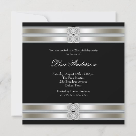 Silberschwarze Frauen 21. Geburtstag Party Einladung (Rückseite)