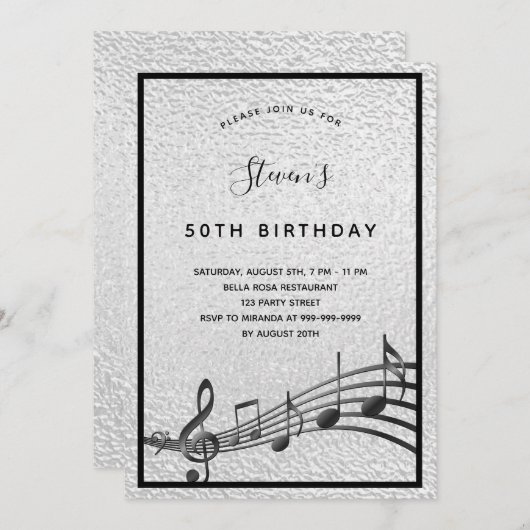 Silberschwarze Musiknoten auf Birthday-Metallic Einladung (Vorne/Hinten)