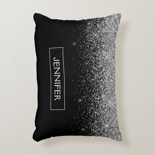 Silberschwarzer Glitzer Girl Monogram Name Dekokissen (Vorderseite(Vertikal))