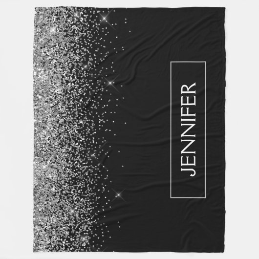 Silberschwarzer Glitzer Girl Monogram Name Fleecedecke (Vorderseite)