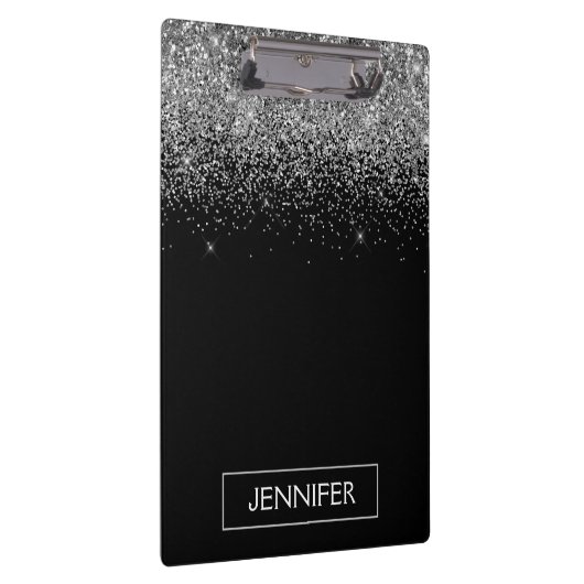 Silberschwarzer Glitzer Girl Monogram Name Klemmbrett (Rechts)