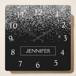 Silberschwarzer Glitzer Girl Monogram Name Quadratische Wanduhr