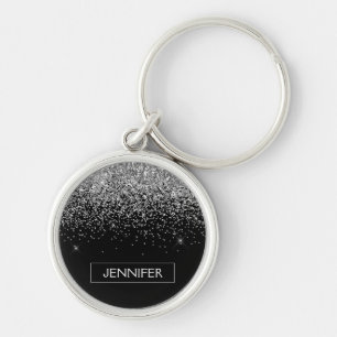 Silberschwarzer Glitzer Girl Monogram Name Schlüsselanhänger