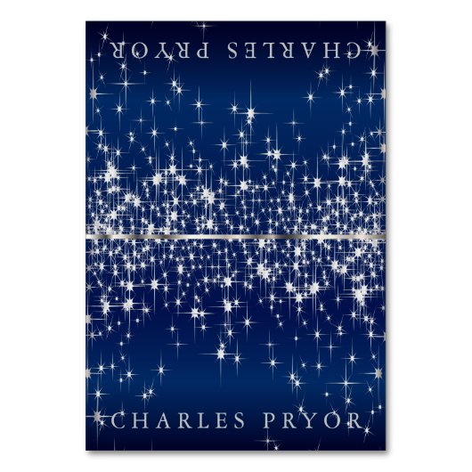 Silberstähle auf Blue Satin Name Cards Tischnummer (Vorderseite)