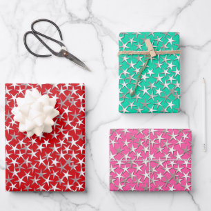 Silberstars auf dunklem Rot, Aqua und Fuchsia Pink Geschenkpapier Set