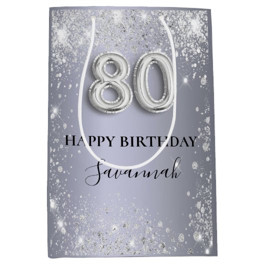 Silberstaub-Monogramm zum 80. Glitzer Mittlere Geschenktüte (Vorderseite)