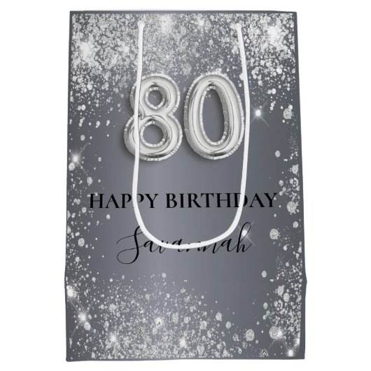 Silberstaub-Monogramm zum 80. Glitzer Mittlere Geschenktüte (Rückseite)