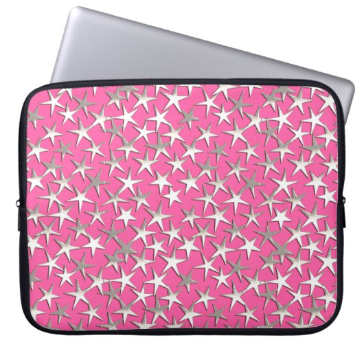 Silbersterne auf Fuchsienrosa Laptopschutzhülle (Vorderseite)