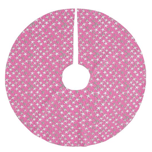 Silbersterne auf Fuchsienrosa Polyester Weihnachtsbaumdecke (Vorderseite)