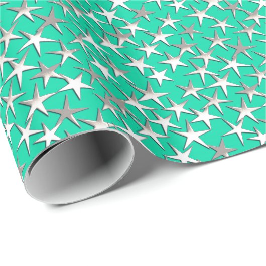 Silbersterne auf Türkis Geschenkpapier (Rolleneckpunkt)