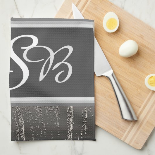 Silberstreifen Flüssig-Metall-Elegant-Monogramm Geschirrtuch (Viertel Falte)