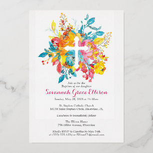 Silberstreifen mit Aquarellfarben-Blume Taufe Folieneinladung