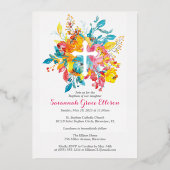 Silberstreifen mit Aquarellfarben-Blume Taufe Folieneinladung (Vorderseite)