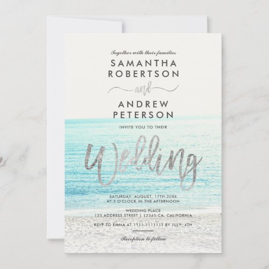 Silbertypografie Beach Foto Hochzeit Einladung (Vorderseite)