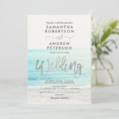 Silbertypografie Beach Foto Hochzeit Einladung (Stehend Vorderseite)