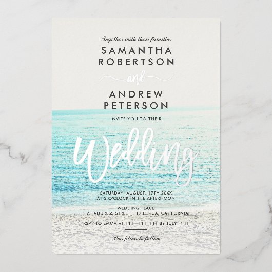 Silbertypografie Beach Foto Hochzeit Folieneinladung (Vorderseite)