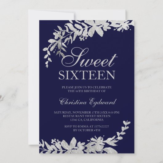 Silbertypografie Blumenmarschall Blau-Chic Sweet 1 Einladung (Vorderseite)