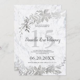 Silbertypografie Floral weißer Marmor quinceanera Einladung