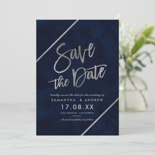 Silbertypografie und Wasserfarbe Save the Date (Stehend Vorderseite)
