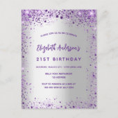 Silberviolett am Geburtstag lila Glitzern Einladungspostkarte (Vorderseite)
