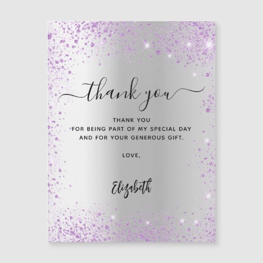 Silberviolett Glitzer Glitzern danke Karte (Vorderseite)