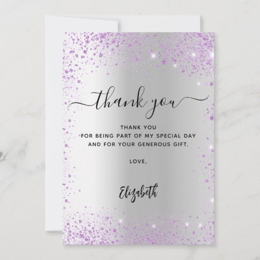 Silberviolett Glitzer Glitzern danke Karte (Vorderseite)