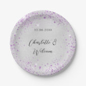 Silberviolett-Glitzern-Namen Hochzeiten Pappteller (Vorderseite)