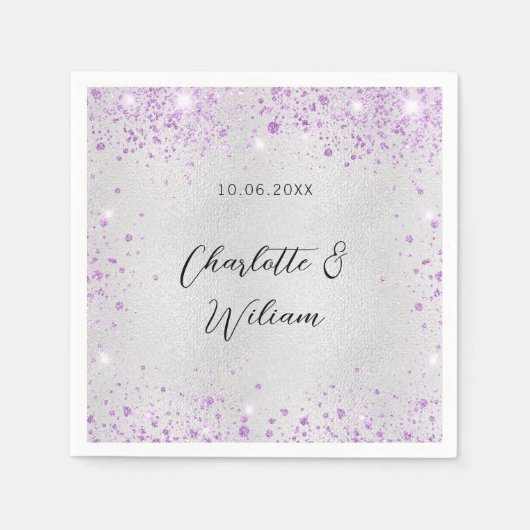 Silberviolett-Glitzern-Namen Hochzeiten Serviette (Vorderseite)